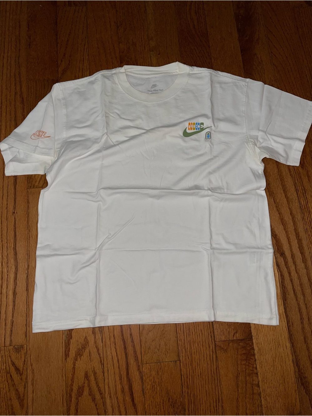Nike White Short-Sleeve Tee with Multicolor Swoosh
